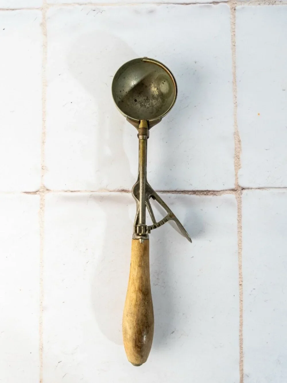 Antique Tarnished Metal with Wood Handel Ice Cream Scoop